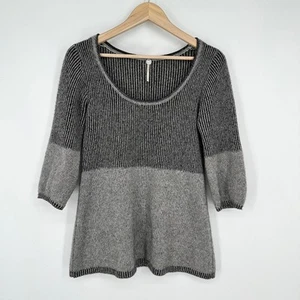 Margaret O’Leary 100% Cashmere Sweater Scoop Neck Rib Knit, Size S, Gray/ Black - Picture 1 of 7