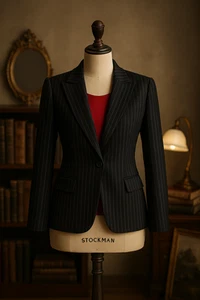Vintage Black Pinstripe Blazer M – Fitted Career Jacket 90s Power Suit - Picture 1 of 6