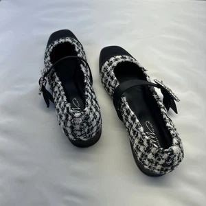 MIDNIGHT VELVET Plaid Mary Jane Blk/White Cloth Rhinestone SZ 5.5 36 EU NEW - Picture 1 of 10