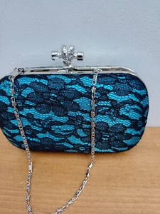 Torquoise & Black Evening Bag with Silver Frame & Shoulder Strap - Picture 1 of 1