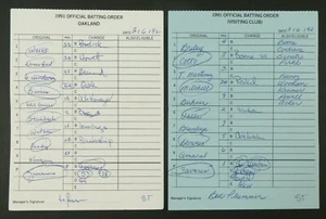 Oakland 3/6/92 Baseball Orig Game Used Lineup Cards From Umpire Don Denkinger - Bild 1 von 5