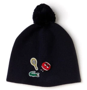 Lacoste Kids' Ribbed Beanie With Badges & Pompom Beanie Hat Navy Blue Size M $60 - Picture 1 of 1
