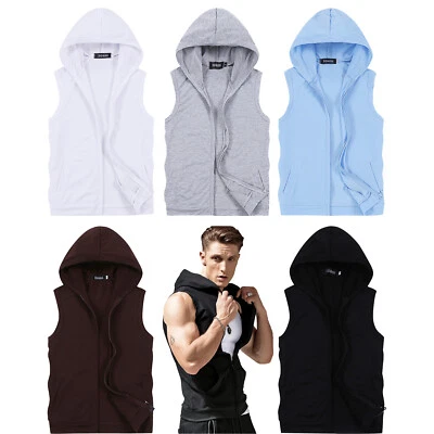 Sleeveless Zipper Hoodie Hooded Workout Gym Training Sport Jacket Vest Tank Top - Image 1 of 4