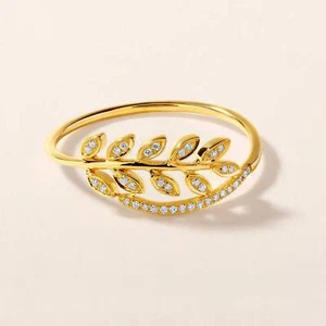 Anello Charm Certificato Oro 14K 0,1ct Diamante Naturale Foglia Avvolgente Ramo Twist - Foto 1 di 9