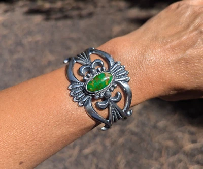 Native American Green Turquoise Cuff Bracelet Sterling Silver Navajo Sz 6.75in. - Image 1 of 4