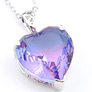 Amazing 16MM Heart Purple Bi-Colored Tourmaline Silver Pendant Chain Necklaces - Picture 1 of 6