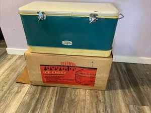 Vintage Thermos Blue Metal chrome Double Lock Ice Chest With Original Box - Picture 1 of 19