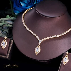 2 Tlg. Zirkonia AAA+ Schmuckset Halskette Ohrringe Brautschmuck Hochzeit Gold - Bild 1 von 7
