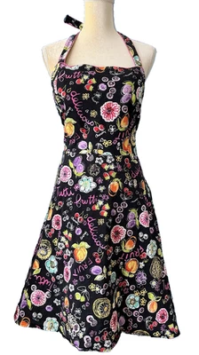 KARIN STEVENS Vtg Black Tutti Frutti Floral Dress Sleeveless Halter Stretch 16 - Image 1 of 4
