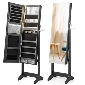 Full Length Mirror Lockable Standing Jewelry Cabinet w/ 3-Color LED Lights Black - Picture 1 of 9