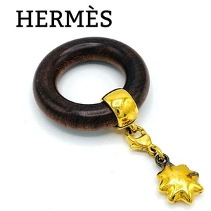 HERMES Brown Gold Wood Scarf Ring Star Charm 1.4in Outer Diameter Accessory - Picture 1 of 8