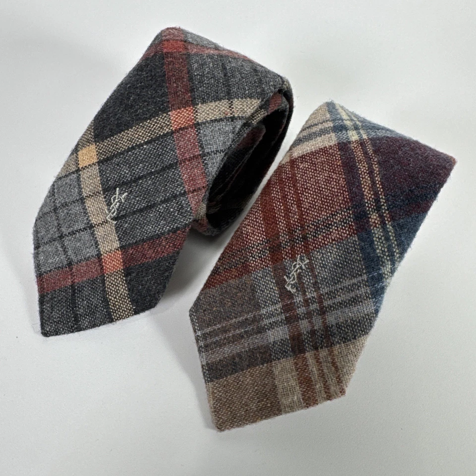 Lot of 2 Vtg Yves Saint Laurent Heather Mist Plaid Wool Blend Ties Men 56” L 3” - Image 1 of 4