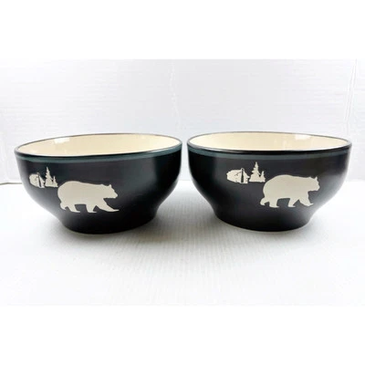 Bass Pro Shop BEAR BOWL Black ‘White River’ Stoneware Cabin Lodge Woods Set of 2 - Image 1 of 4