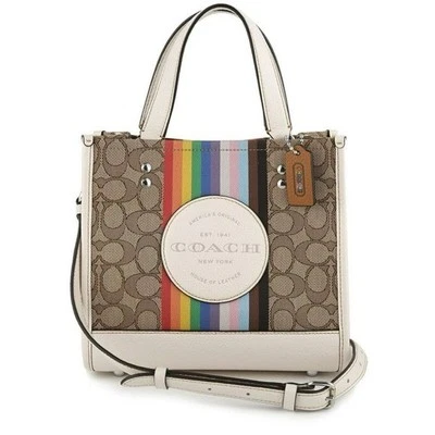 Сумка с короткими ручками Coach Dempsey 22 дюйма фирменный жаккард с радужной полосой и нашивкой Coach - Изображение 1 из 4