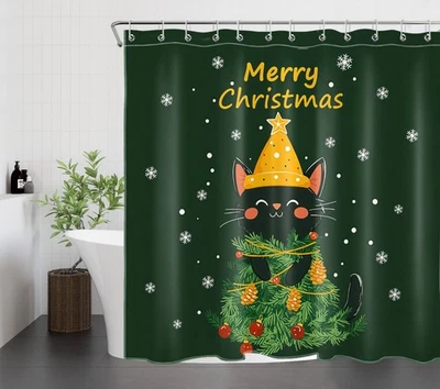 Juego de accesorios de baño cortina de ducha de Navidad verde gato divertido copo de nieve Foto 1 de 4