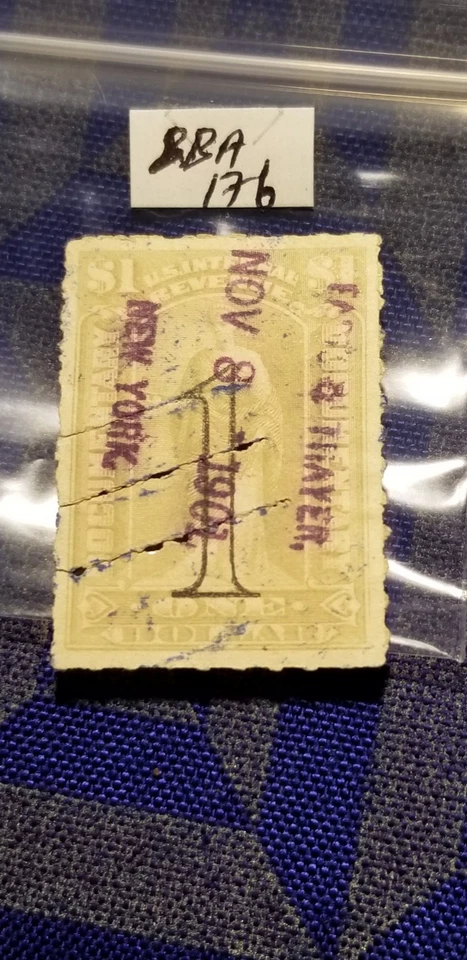 1900 USA Internal Revenue $1 Open Numerals Grey Stamp #R184 New York Stamped. - Image 1 of 2