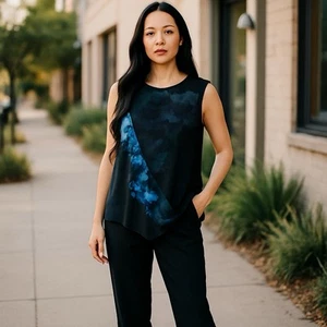 Asymmetrisches Top mit Rüschen Damen Gr. XL schwarz blau ärmellos drapiert Overlay - Bild 1 von 10