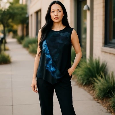 Top asimétrico talla XL negro azul sin mangas drapeado superpuesto Foto 1 de 4