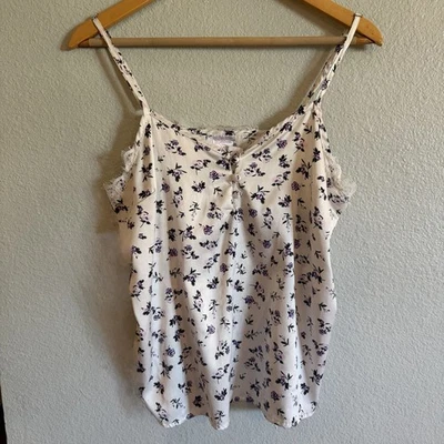 Vintage Y2K Babydoll Floral Henley Cami Top Sz L Lace Trim Fairy Whimsigoth - Image 1 of 4