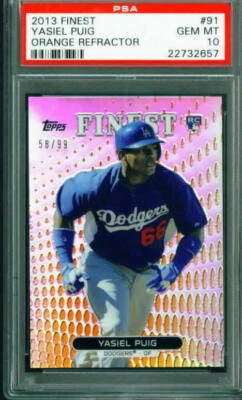 2013 Topps Finest "Orange Refractor" #91 YASIEL PUIG Dodgers rookie 58/99 PSA 10 - Image 1 of 2