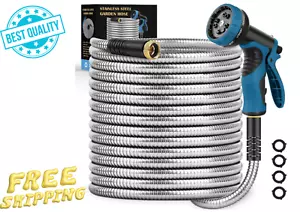 Garden Hose 50FT, Water Hose with 10 Function Nozzle, Non-Kink Metal Garden Hose - Picture 1 of 24