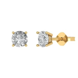 1 ct Round Cut Stud anniversary Earrings 14k Yellow solid Gold Push Back - Picture 1 of 11
