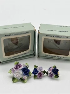 Royal Adderley Floral Blue Bouquet Brooch Clip On Earring Set Made In England - Photo 1 sur 13