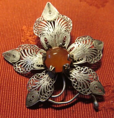 BROCHE ancienne ARGENT filigrané FLEUR coeur CABOCHON AGATE sertie ART DÉCO - Photo 1/3
