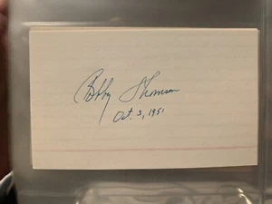Bobby Thomson autographed index card with Oct 3, 1951 inscription  - Picture 1 of 1