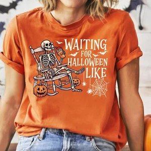 Waiting for Halloween Skeleton T Shirt Funny Spooky Pumpkin Fall Vibes Tee - Picture 1 of 4