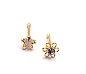 Heart flower nose stud gold plated 3 mm clear crystal nose bone stud 18 carat - Picture 1 of 3