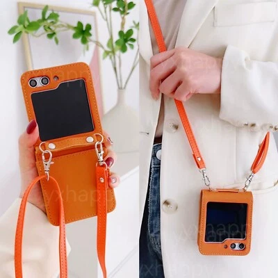 Case For Samsung Galaxy Z Flip6 Flip5 Flip4 Necklace Leather Card Lanyard Cover - Image 1 of 4