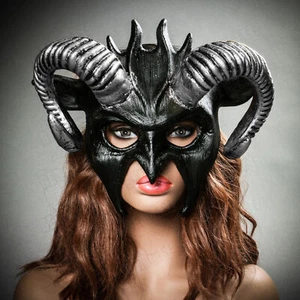 Halloween Party Demon Devil Satan Silve Twisted Horns Masquerade Face Mask Black - Picture 1 of 7