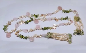 Barock Perle Rosenquarz Jade und Muschel 60" Lariat Halskette mit Perlenquasten - Bild 1 von 18