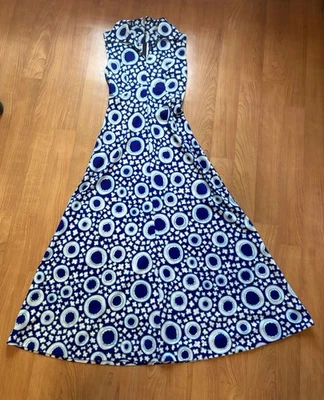 Maxi Vestido Poliéster Floral Abstracto Azul y Blanco Mod Psicodélico Años 60 70 Foto 1 de 4