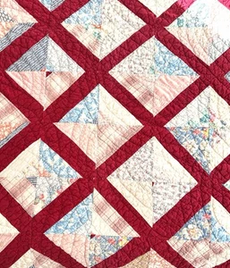 hand stitched vintage quilt 62”x72” Diagonal Block Red Light Blue - Picture 1 of 12
