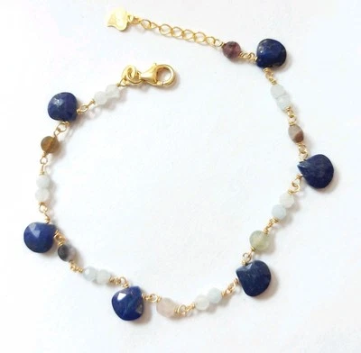 Bracciale in argento 925 dorato oro con acquamarina, tormaline e lapislazzuli  - Immagine 1 di 4