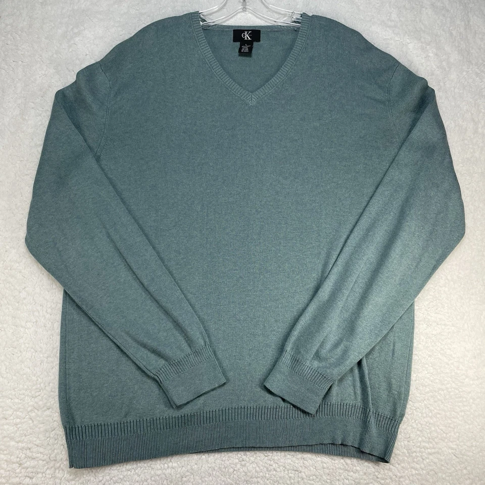 Calvin Klein Sweater Mens Sz L Green V Neck Pullover Cotton Blend - Image 1 of 4