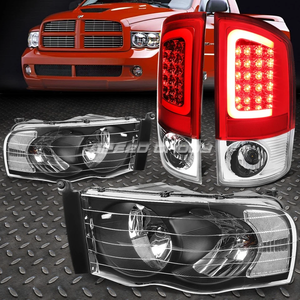 BLACK HEADLIGHT+CLEAR CORNER+RED 3D LED BRAKE TAIL LIGHT FOR 02-05 DODGE RAM - Изображение 1 из 4
