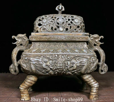 6.4" China Antiguo Plata Hueco Dragón Bestia Mango 4 Patas Quemador Incienso Quemador Censario Foto 1 de 4