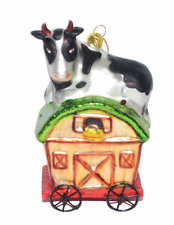 Christmas Blown Glass Ornament Bull Cow on Barn Farm Country 5" Tall