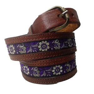 USA STYLE  belt leather with purple floral material insert 36" western boho 