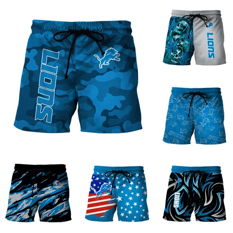 Detroit Lions Mens Pockets Summer Shorts Casual Drawstring Beach Swim Trunks Cover