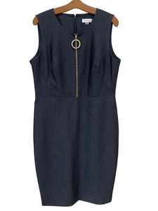 Calvin Klein Zip Front Denim Sheath Dress Womens 14 Blue Ring Zip Career Office - Picture 1 of 9