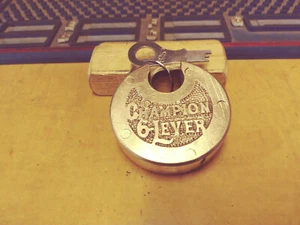 antique/vintage MILLER CHAMPION 6 lever push key pancake padlock w/key 6253 - Picture 1 of 8