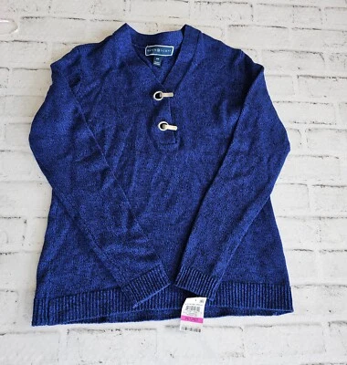 Suéter Henley para mujer talla Petite Petite Karen Scott con adornos de hardware en azul-nuevo con etiquetas Foto 1 de 4