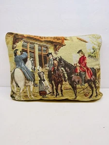 Antique Needlepoint Pillow Colonial Town Scene Men on Horses 15x11” w/ Insert - Picture 1 of 11