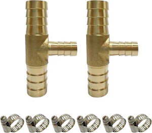 2Pcs Brass Hose Barb Reducer Tee Reducing T-Fitting, 5/8" Barbed X 3/8" Barbed X - Picture 1 of 12