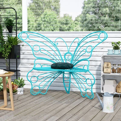 50 inch Cast Iron Metal Garden Outdoor Bench Butterfly Chair Garden Decor Blue - Image 1 of 4