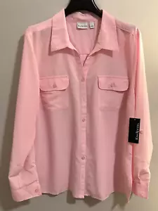 Kim Rogers Button-down Shirt Pink Roll Tab Sleeve Blouse Pocket Size L New w Tag - Picture 1 of 19
